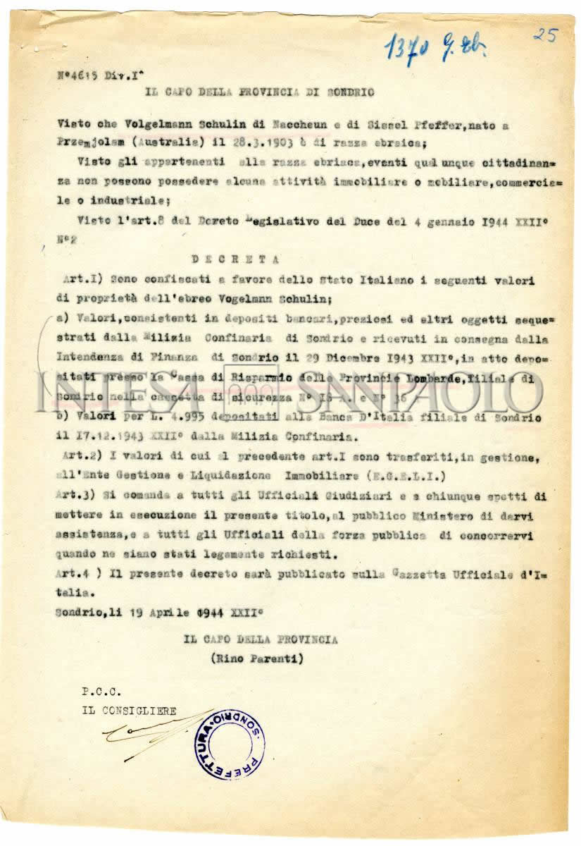 Decreto di confisca degli oggetti e valori confiscati a Schulim Vogelmann durante l'arresto emesso dal capo della provincia di Sondrio, 19 aprile 1944